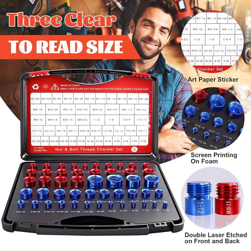 SBGGRL 50 Pcs Standard and Metric Nut Bolt Thread Checker Kit,Inch Size Gauges Finder Tool,Detachable Screw Identifier Thread Especially for Tread Fasteners Measuring - Image 4